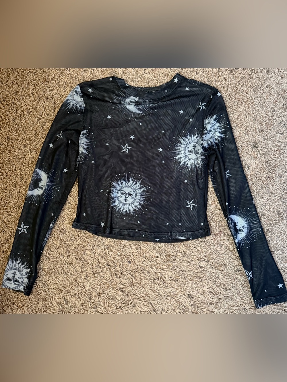 SHEIN Black Mesh Long-Sleeve Top with White Sun & Star Print